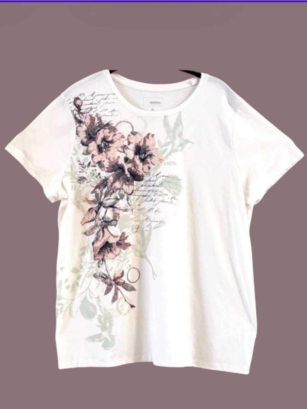 Sonoma Short Sleeve Scripture Tee Pink Floral Sage Print Size XL